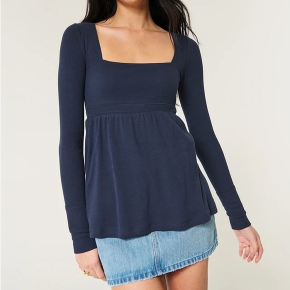 Hollister Easy Long Sleeve Square Neck Babydoll Top Navy Blue Size XL - Picture 8 of 8